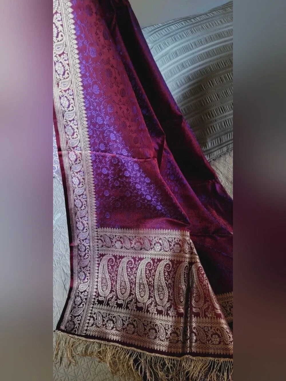 New J.Peterman shawl wrap purple mauve gold-tone shimmer rayon fringes $250